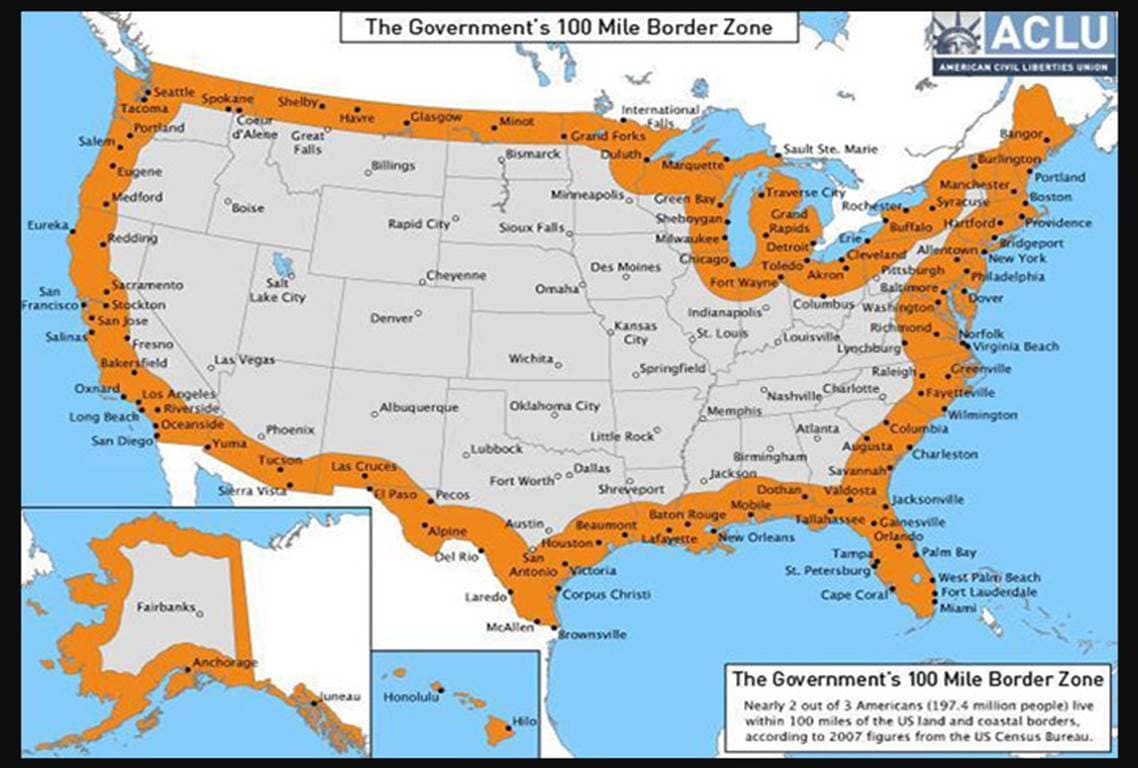 Según la Unión Americana de Libertades Civiles (ACLU), estas son las zonas de influencia de la Patrulla Fronteriza.
