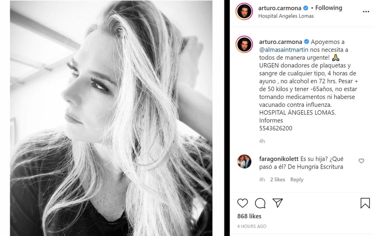 "Apoyemos a Alma Saint Martín, ¡
<b><a href="https://www.instagram.com/p/CIBKErBhJM3/" target="_blank">nos necesita a todos </a></b>de manera urgente!", escribió.
<br>