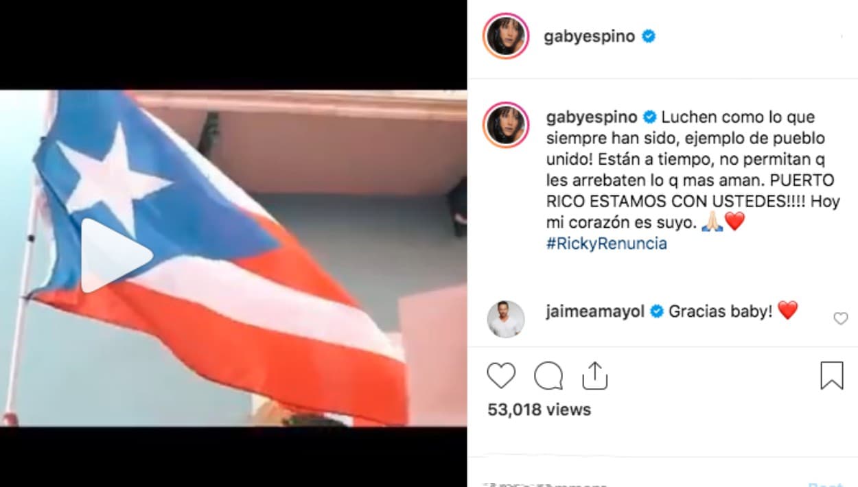 La actriz venezolana Gaby Espino invitó a los puertorriqueños a luchar por lo que más aman. Su compañero, el conductor puertorriqueño Jaime Mayol, le agradeció públicamente el apoyo.