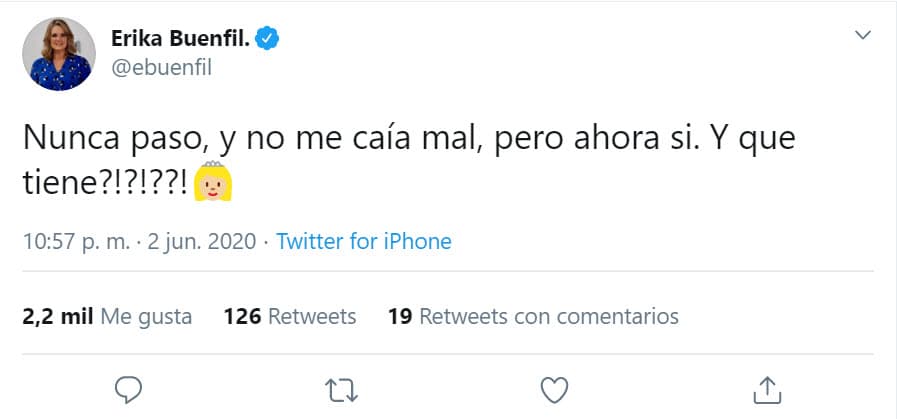 Todavía la noche del martes 2 de junio dedicó su tiempo en Twitter para aparentemente responderle a Ávalos, sin mencionarla: "Nunca pasó, y 
<b><a href="https://twitter.com/ebuenfil/status/1268014003974004748" target="_blank">no me caía mal, pero ahora sí</a></b>. ¿Y qué tiene?"
<br>