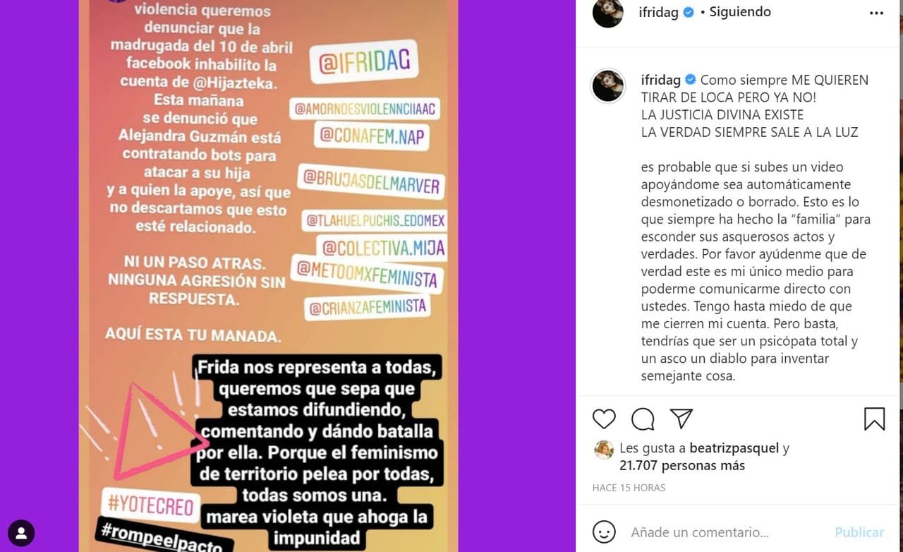 Según ella, "si subes un video apoyándome 
<b><a href="https://www.instagram.com/p/CNlSCe-Mpl9/" target="_blank">será automáticamente desmonetizado o borrado</a></b>. Esto es lo que siempre ha hecho la 'familia' para esconder sus asquerosos actos y verdades". En su nueva acusación, pidió el apoyo de sus seguidores y dijo tener "hasta miedo" de que le "cerraran su cuenta" de Instagram.