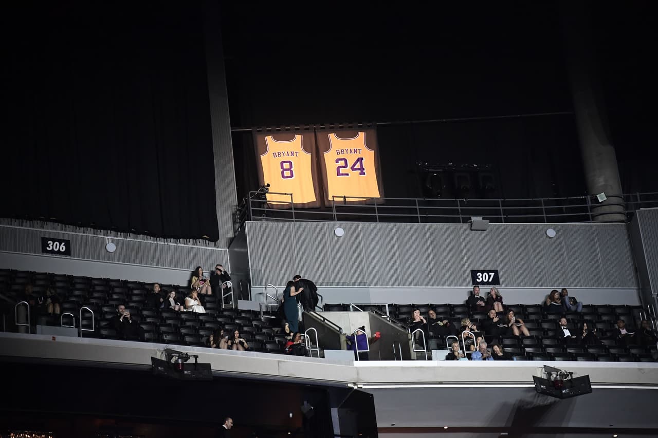 LOS ANGELES, CALIFORNIA - JANUARY 26: Lights illuminate the jerseys in tribute of former Los Angeles Laker shooting guard, NBA star, Kobe Bryant during the 62nd Annual Grammy Awards on January 26, 2020 in Los Angeles, California. Bryant, 41, and his daughter died today in a helicopter crash near Calabasas, California. (Photo by Kevork Djansezian/Getty Images)