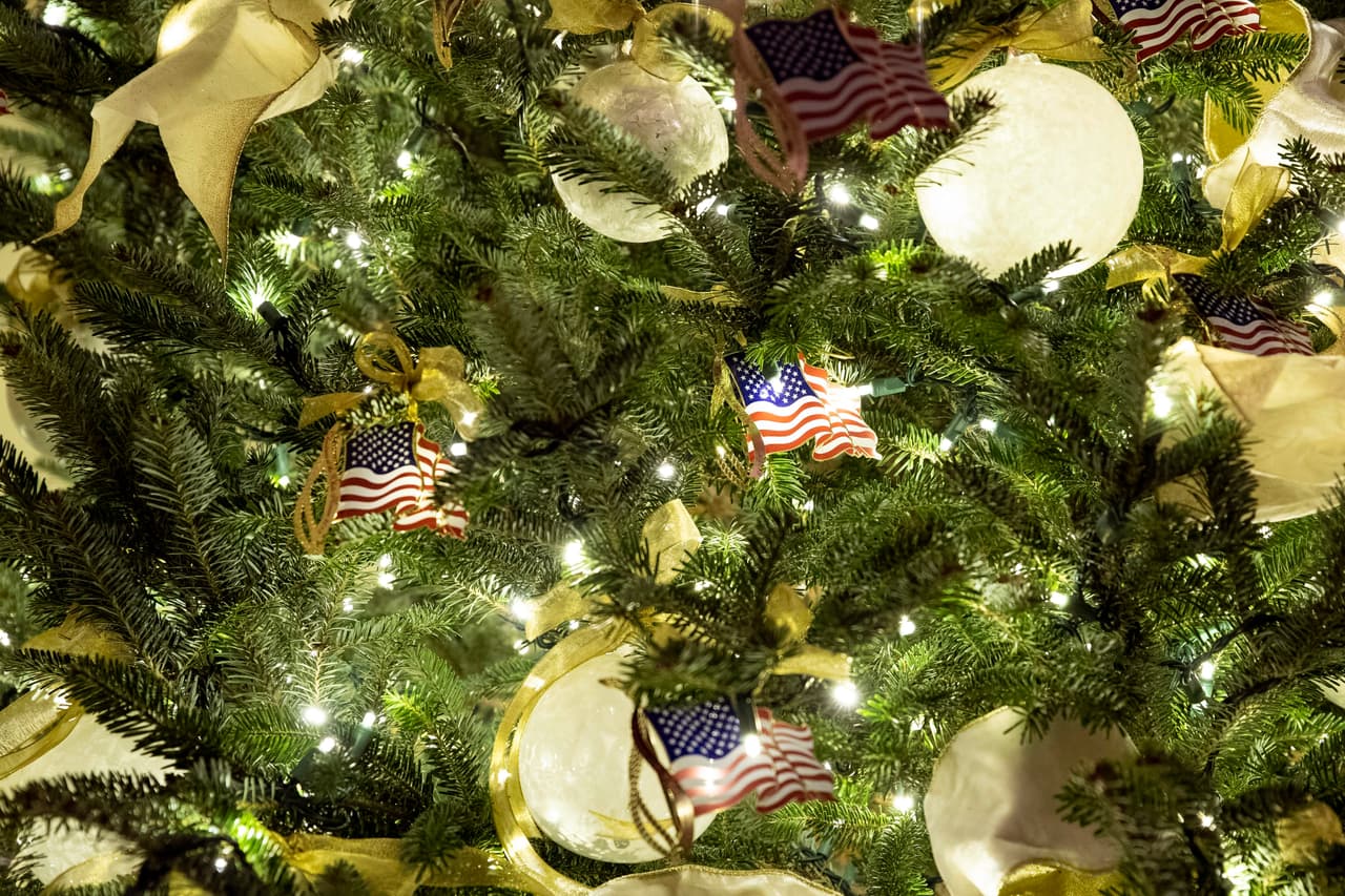 Los árboles, coronas, ramos de flores y demás elementos decorativos en la mansión presidencial muestran los colores de la bandera estadounidense y otros símbolos patrióticos.
