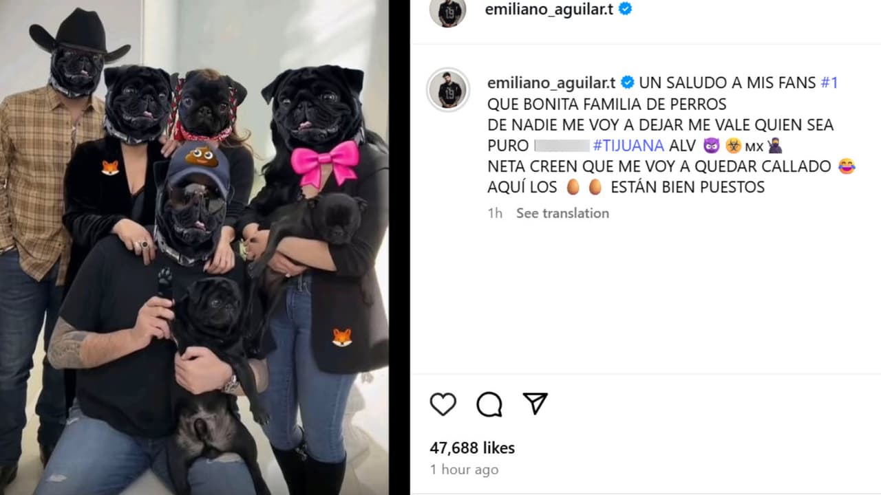 Esta es la imagen que Emiliano Aguilar publicó en Instagram en la que colocó una cara de perro en los rostros de Pepe Aguilar y su actual familia, incluyendo a su esposa Aneliz y Ángela Aguilar.