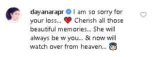 Por su cuenta, Dayanara dejó el siguiente mensaje: “Lamento mucho tu pérdida... Aprecia todos esos hermosos recuerdos... Ella siempre estará contigo... y ahora vigilará desde el cielo...”.