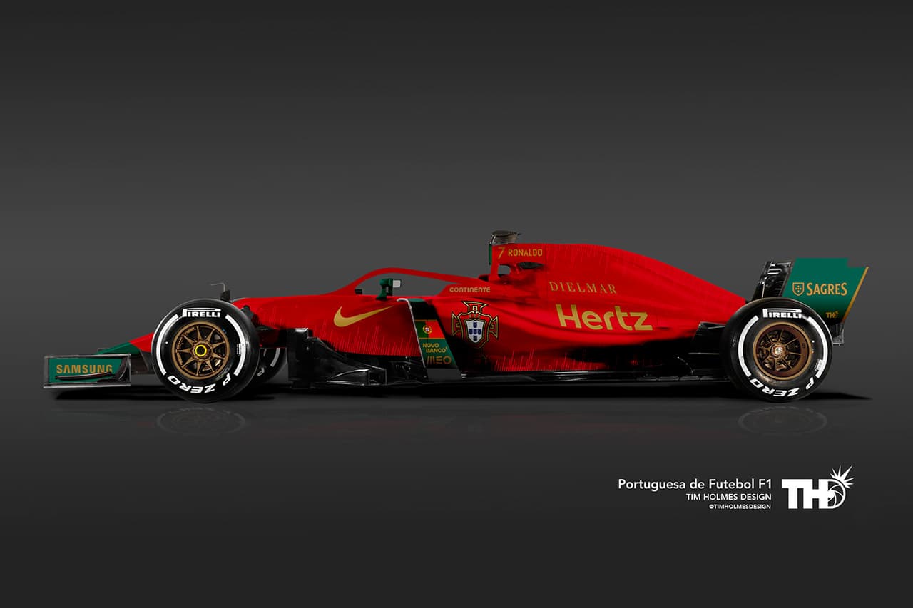 <b>Portugal</b>
<br>Rojo y distintivos en dorado, son los tonos del monoplaza de Portugal visualizado así para Rusia 2018 por este diseñador.
<br>Jugador: N°7 Cristiano Ronaldo (delantero)