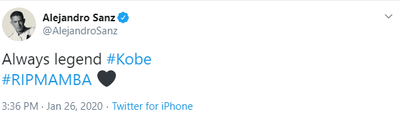 El cantante español Alejandro Sanz también se unió a la etiqueta en memoria de Kobe, escribiendo que siempre será una leyenda.