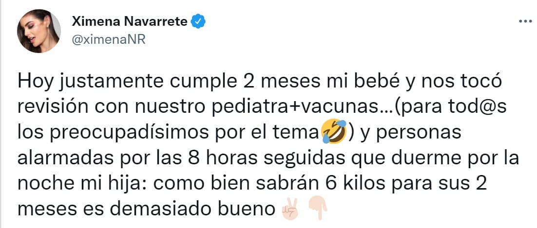 Junto a la imagen, escribió este mensaje dedicado
<b> a "todos los preocupadísimos por el tema"</b> de la alimentación de su hija y a las "personas alarmadas por las 8 horas seguidas que duerme" la bebé: "6 kilos para sus 2 meses es demasiado bueno". 
<br>