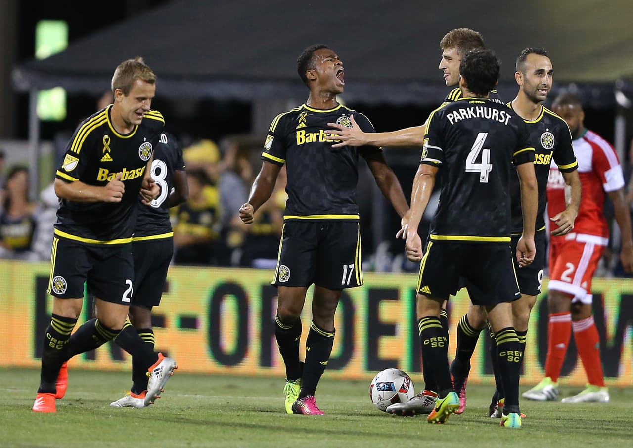 Sep 25, 2016; Columbus, OH, USA; Columbus Crew forward Ola Kamara (17) celebrates his first half goal with teammates against the New England Revolution at Mapfre Stadium. Mandatory Credit: Joe Maiorana-USA TODAY Sports