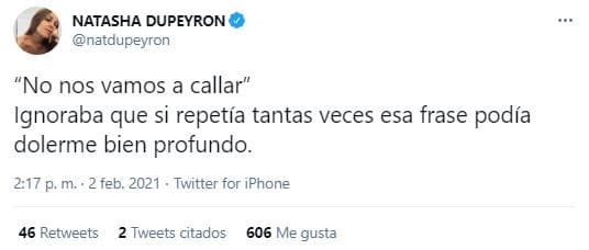 "Esta parte de mí no se quiere quedar callada, pero tiene miedo… Hoy me atrevo a decirlo en voz alta. No es fácil saberte víctima, no es fácil vivir un abuso", agregó consternada.