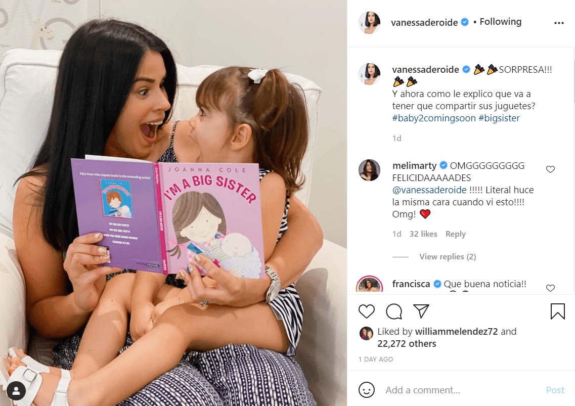 "¡¡¡SORPRESA!!! ¿Y ahora cómo le explico que va a tener que compartir sus juguetes? #baby2comingsoon #bigsister", escribió la puertorriqueña en Instagram junto a una fotografía en la que posa junto a su hija Penélope.