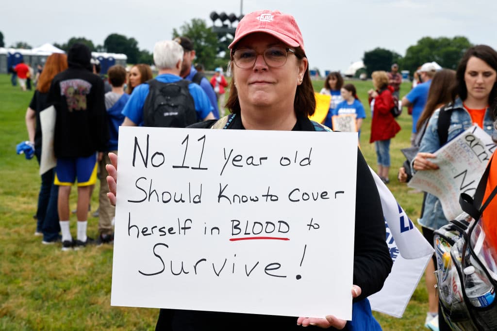 "¡Ninguna niña de 11 años debería saber cubrirse con sangre para vivir!", dice uno de los carteles de la protesta de este sábado.