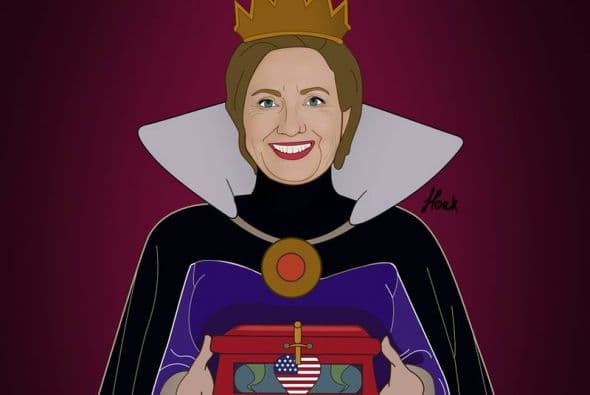 "Ellos no lanzan hechizos ni tampoco respiran fuego. Están caracterizados como meticulosos, mentirsos y con intenciones que ocultan detrás de un velo", describe el artista. En la foto Hillary Clinton como Bruja Malvada de Blancanieves. Cortesía de Saint Hoax.