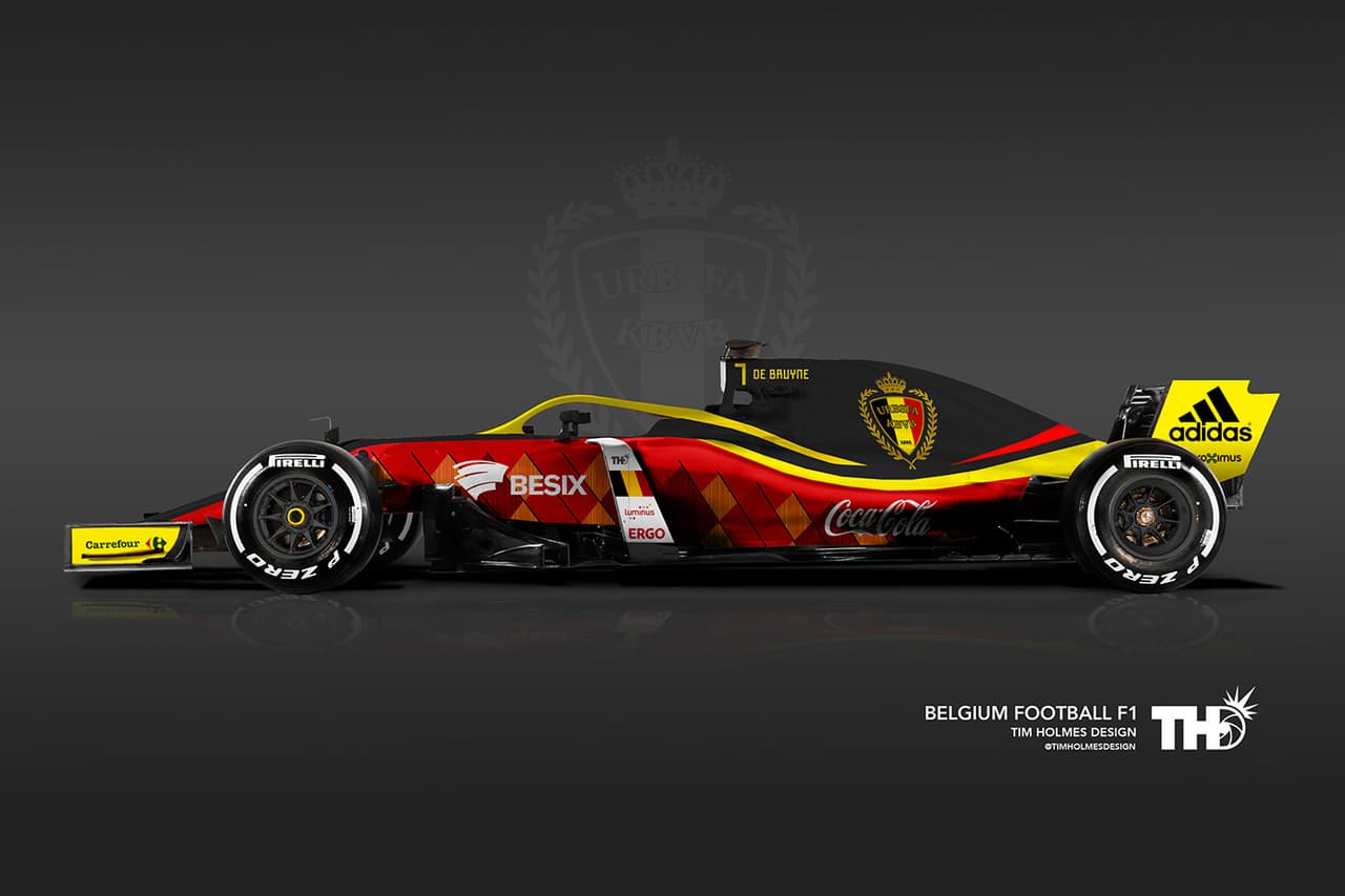 <b>Bélgica</b>
<br>Por 12 ocasiones esta selección ha participado en mundiales de fútbol. Según la idea de diseño de Tim Holmes, si el equipo de fútbol tuviera participación en F1 sería obligatorio jugar con los colores de la bandera belga y el escudo de la Real Federación Belga. 
<br>Jugador: N° 7 Kevin De Bruyne (mediocampista)