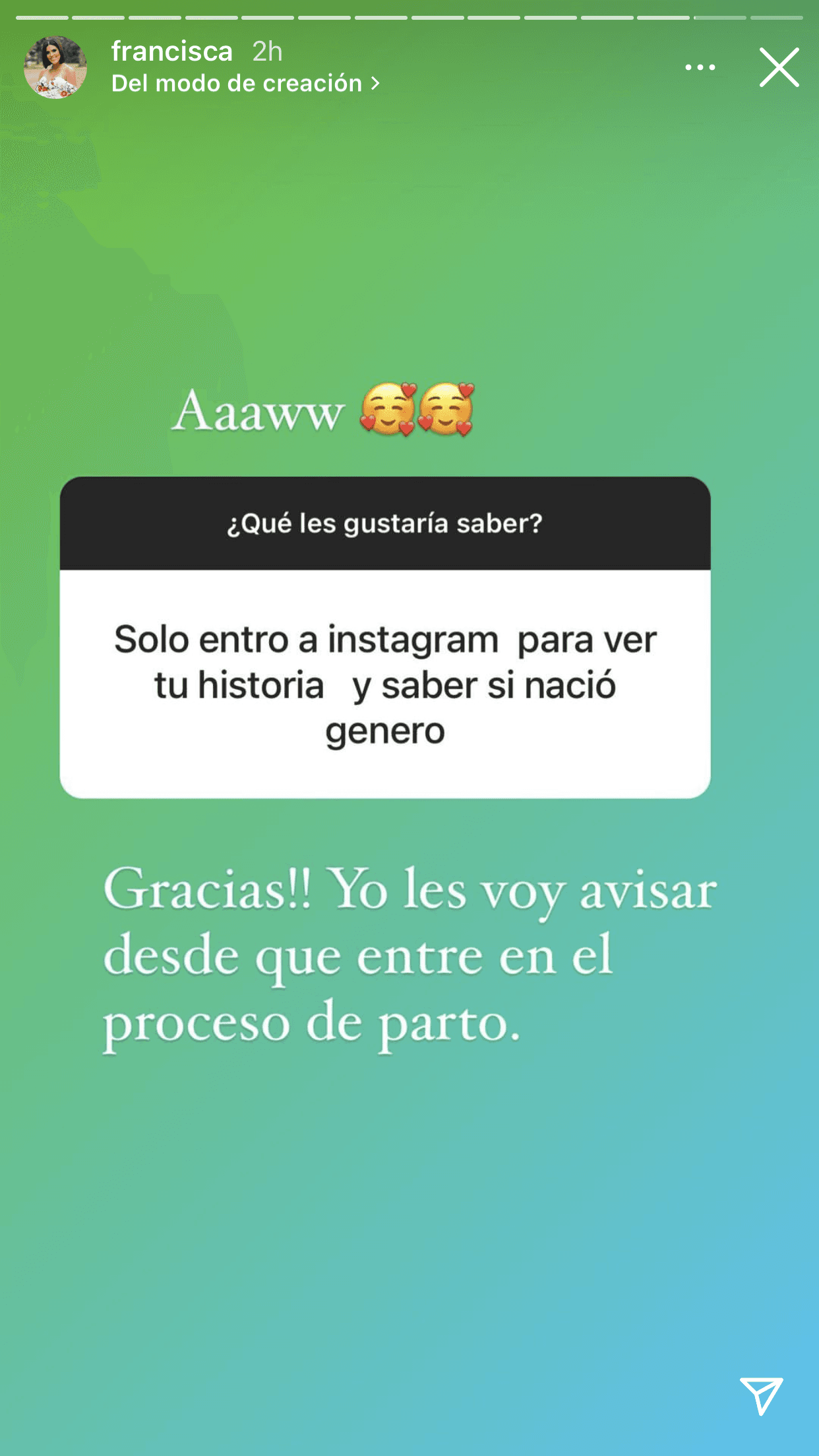 En la charla virtual con sus fans, a través de la dinámica de preguntas y respuestas, advirtió que dará a conocer desde Instagram el momento en que inicie labor de parto, pues hay mucha expectativa ante el nacimiento del niño. 
<br>
