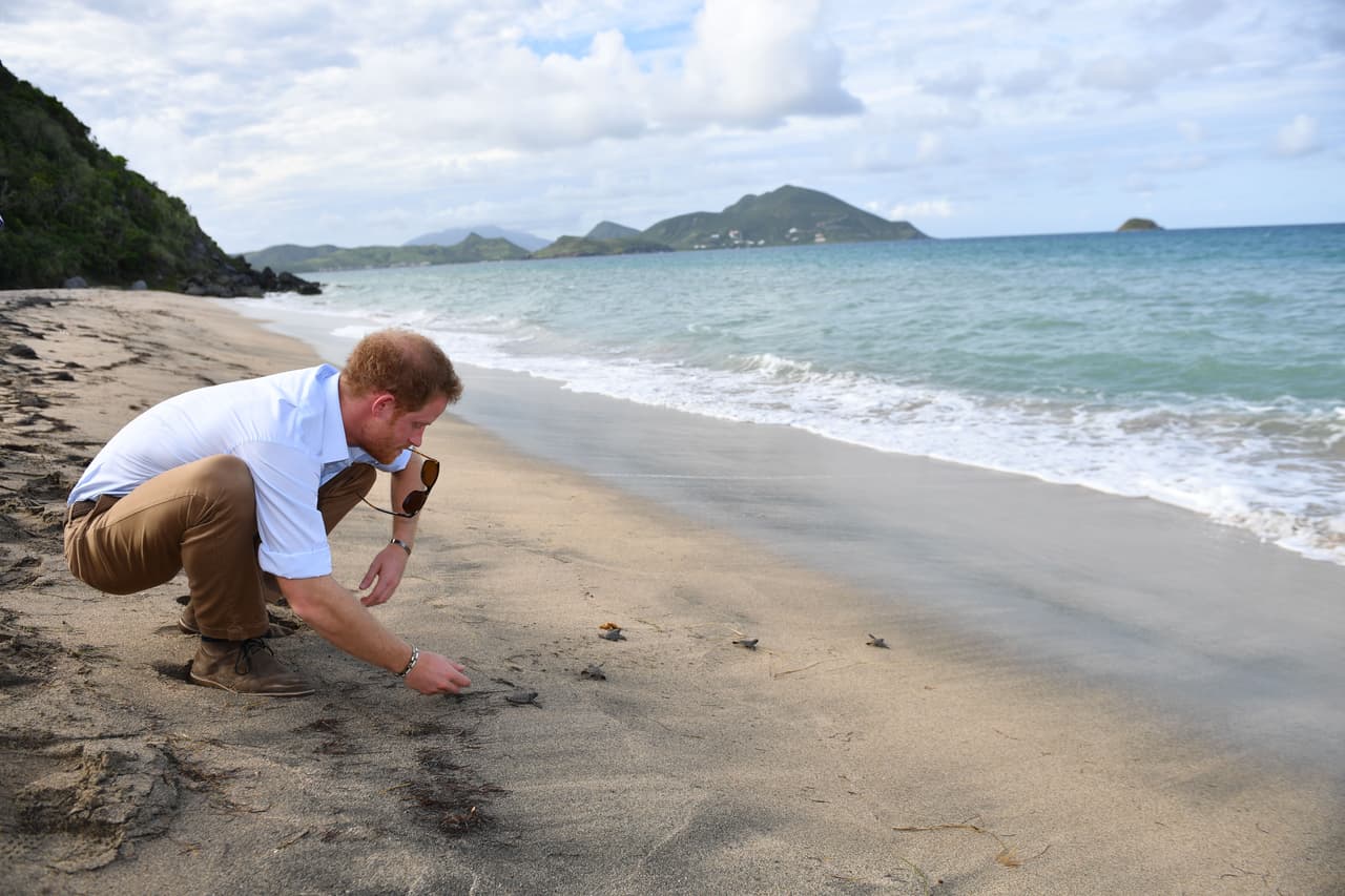 El príncipe vistió pantalones café y camisa azul celeste durante su visita.