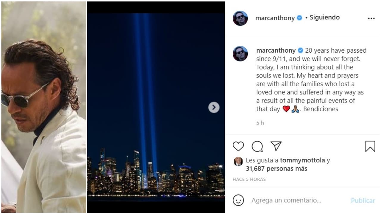 Tal es el caso de
<b>Marc Anthony</b>, quen dedicó un emotivo mensaje: "Han pasado 20 años desde el 11 de septiembre y nunca lo olvidaremos. Hoy, estoy pensando en todas las almas que perdimos. Mi corazón y mis oraciones están con todas las familias que perdieron a un ser querido y sufrieron de alguna manera como resultado de todos los eventos dolorosos de ese día. Bendiciones".