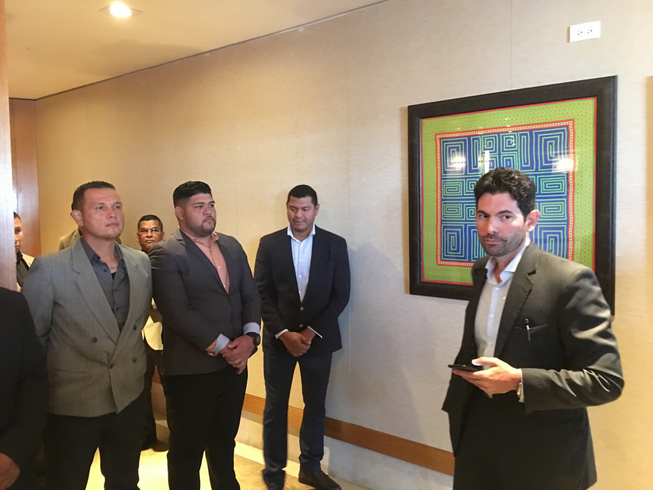 Trump security guards block access to the hotel offices in Panama, to the frustration of the hotel's majority owner Orestes Fintiklis, founder of Ithaca Capital Investments. A judge later evicted the Trump Organization from management of the hotel. March 5, 2018.