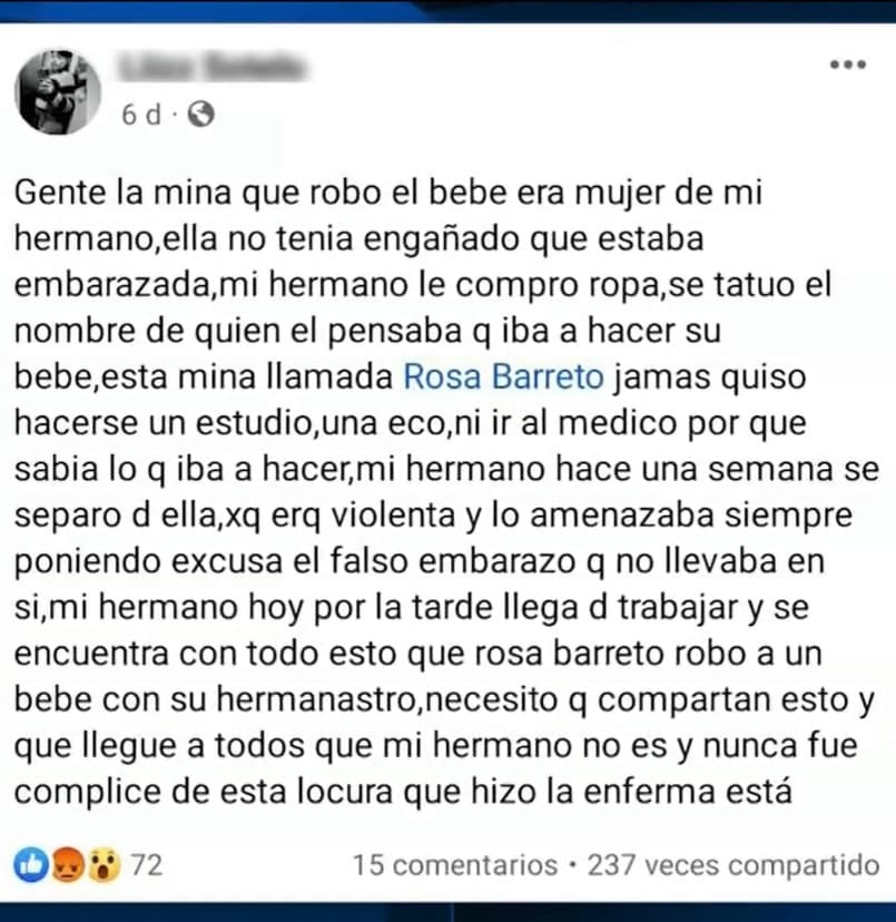 Tras interrogarla, la pareja de la secuestradora fue absuelto de toda culpa e incluso sus familiares comunicaron en redes sociales que aquella mujer que fantaseó con un embarazo,
<b> los había engañado a todos. </b>
<br>