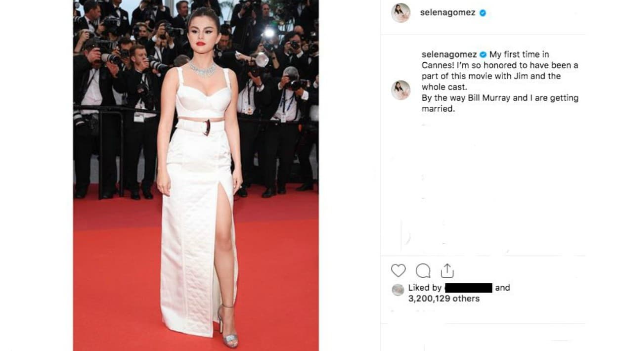 "¡Mi primera vez en Cannes! Estoy honrada de haber sido parte de esta película con Jim (Jarmusch, el director) y todo el elenco. Por cierto, 
<b>Bill Murray y yo nos vamos a casar</b>", escribió la artista junto a varias fotos de su paso por el festival.