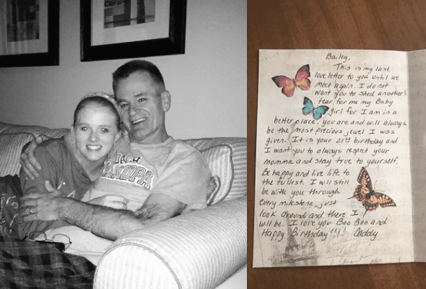 Bailey Sellers, en una foto con su padre, y el último mensaje que recibió para su cumpleaños.