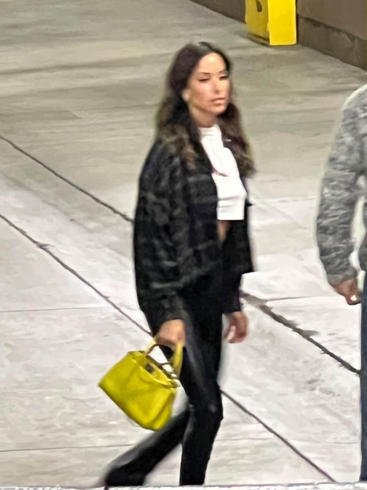 Ella se inclinó por pantalones de cuero, crop top blanco y una chaqueta de cuadros. El atuendo de la modelo llevó la atención al bolso Hermès en tono amarillo brillante.