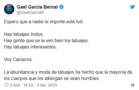 El mensaje de Gael obtuvo cientos de comentarios negativos, situación por la que el actor borró la publicación. Sin embargo, 
<a href="https://www.eluniversal.com.mx/espectaculos/farandula/gael-garcia-tambien-opina-sobre-los-tatuajes-de-adam-levine">varios medios de comunicación</a> lograron captar el 'tuit'.