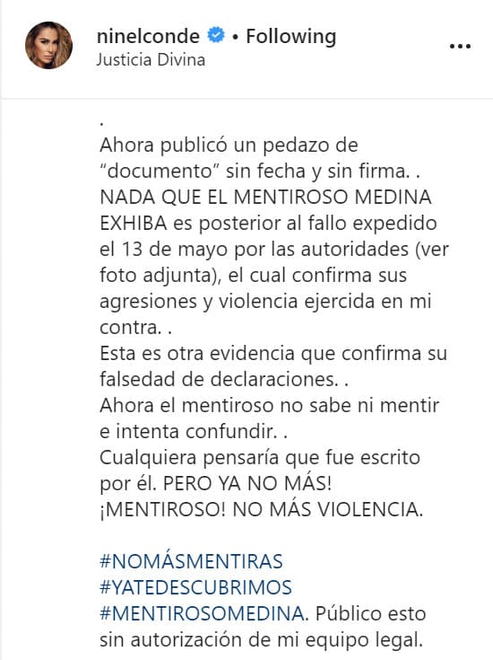 Agregó que su ex "
<b><a href="https://www.univision.com/shows/despierta-america/me-hablo-bonito-y-cai-ninel-conde-acepta-responder-a-alan-tacher-que-le-enamoro-de-giovanni-medina-video" target="_blank">no sabe ni mentir</a></b> e intenta confundir": "Cualquiera pensaría que fue escrito por él".
<br>