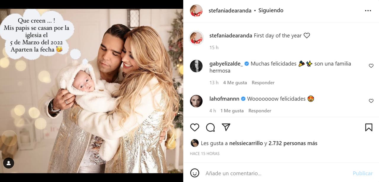 La primera en anunciarlo fue la conductora, quien con esta foto en la que le dio 'voz' a su hijo, confirmó que ella y Emir Pabón se casarán por la iglesia 
<b>este próximo 5 de marzo</b>: "Aparten la fecha", escribió. 
<br>