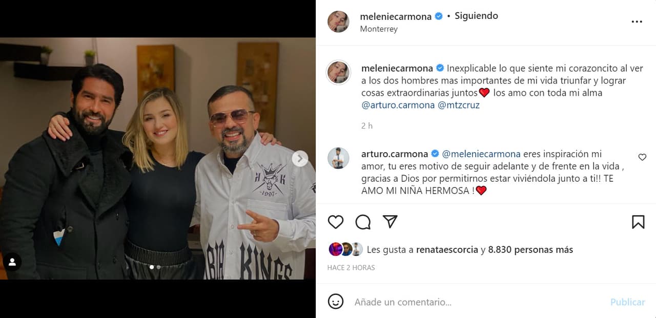 En el arranque de la gira de los Kumbia Kings en Monterrey, México, que unió a su famoso papá y a su padrastro, Melenie Carmona se dejó ver así junto a ellos.
<br>