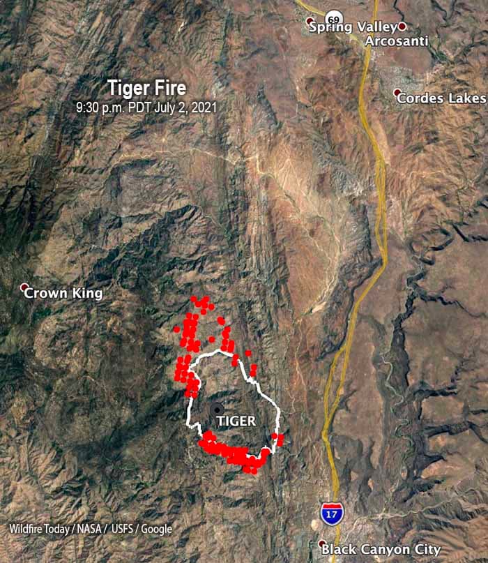 Mapa de la ubicación del incendio Tiger que consume más de 9,000 acres.