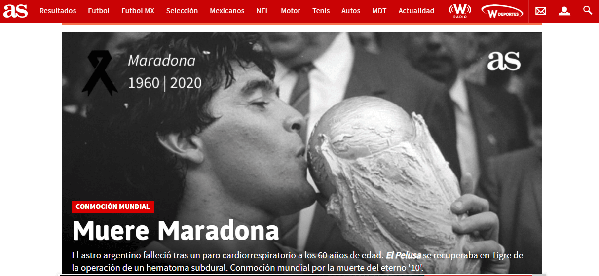 Estos son los encabezados de los medios digitales más importantes que despiden a Diego Armando Maradona.