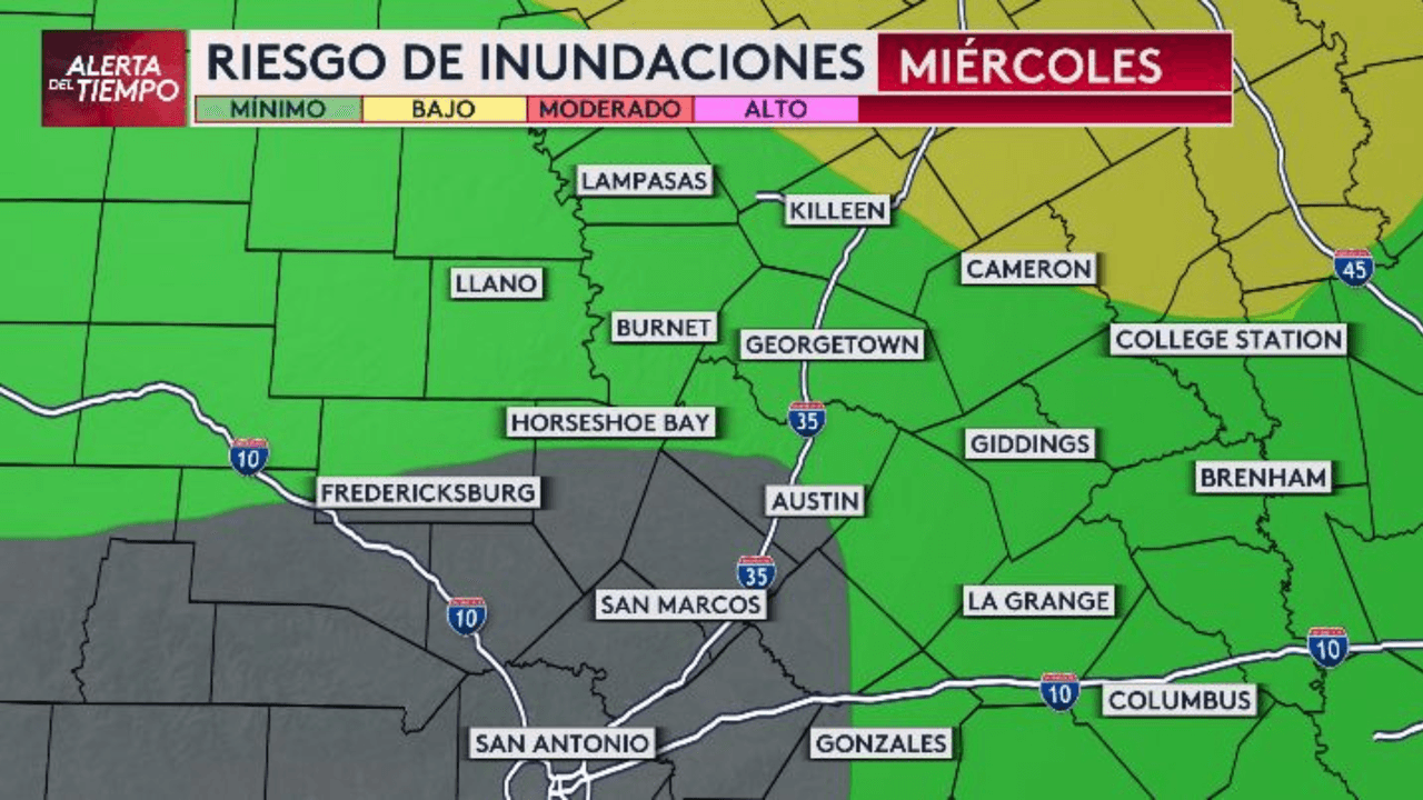 Este miércoles, el riesgo por inundaciones se mantiene en nivel mínimo para una parte del condado de Travis, mientras que otros condados al norte tienen riesgos más altos.