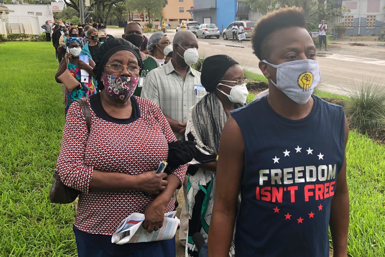 Una fila de votación anticipada en North Miami. Florida comenzó el el 19 de octubre la votación anticipada en persona en gran parte del estado. Con sus 29 votos electorales, es crucial para ambos aspirantes a ganar la Casa Blanca. 
<br>