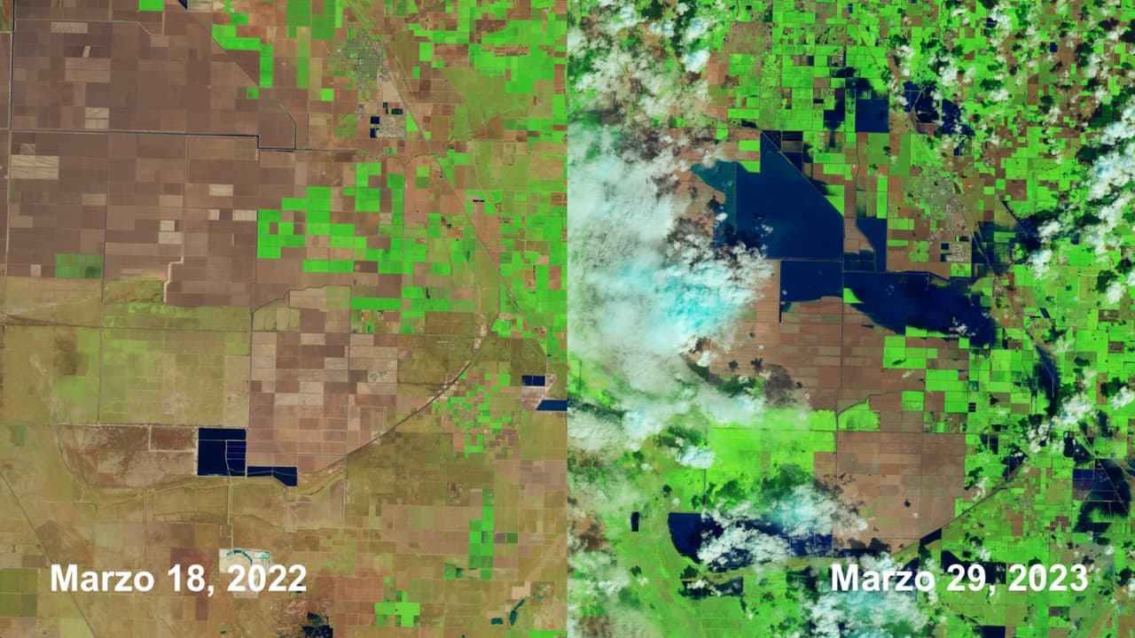 Imagénes satelitales del Lago Tulare el 18 de marzo de 2022 (izquierda) y el 29 de marzo de 2023.