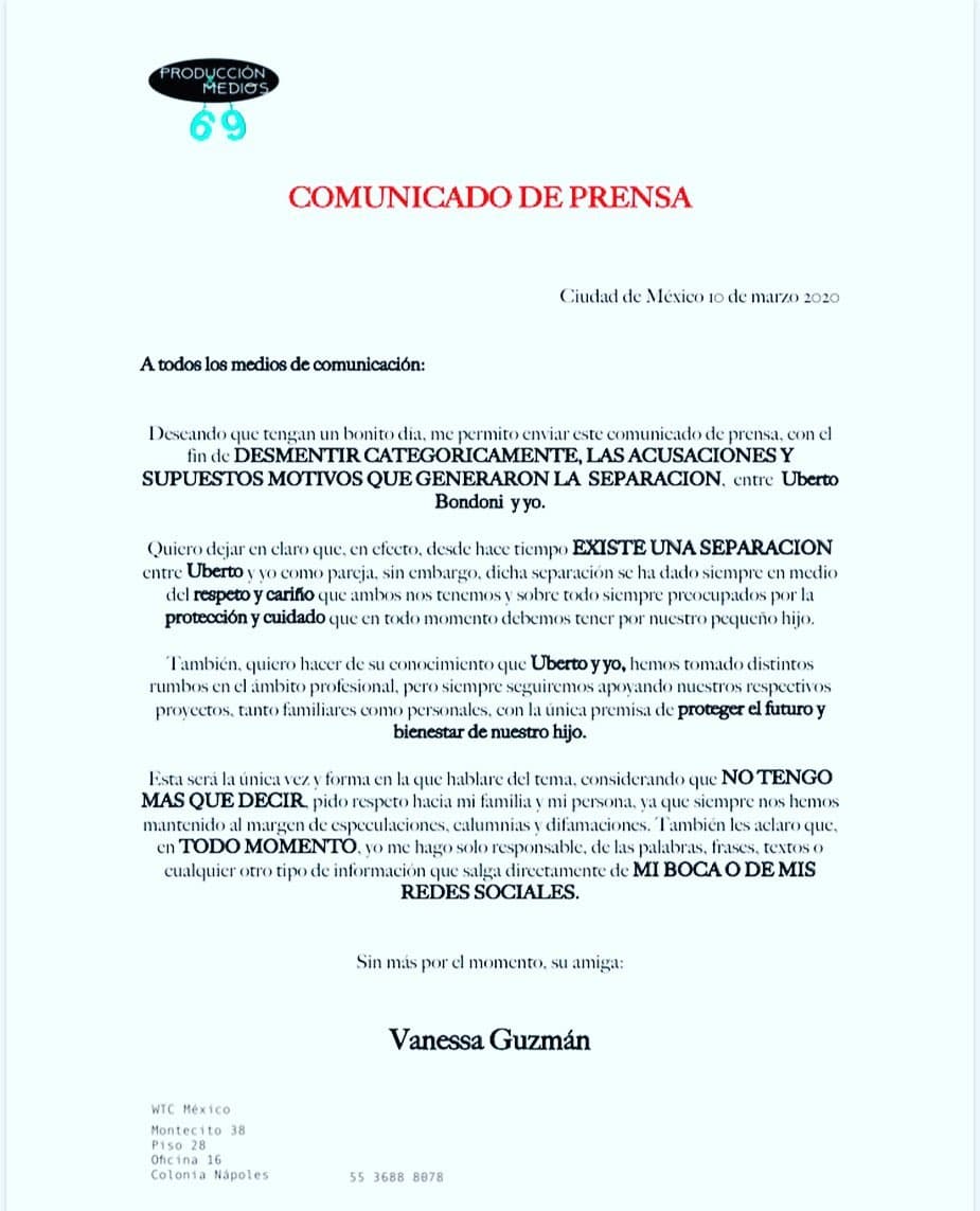 “Me permito enviar este comunicado de prensa con el fin de desmentir categóricamente las acusaciones y supuestos motivos que generaron la separación entre Uberto Bondoni y yo”, se destaca entre los párrafos del comunicado.