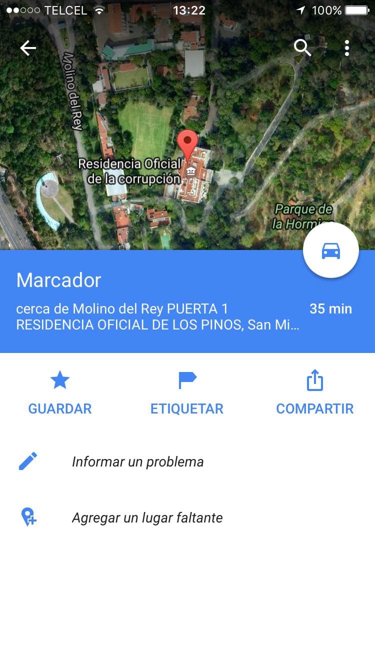 Al poner un marcador en la ubicación usando la popular app de navegación, seguía leyéndose "Residencia Oficial de la corrupción".