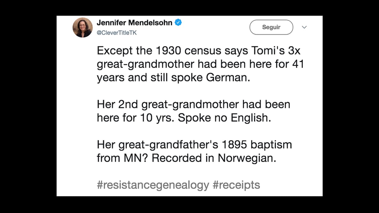 “Excepto que el censo de 1930 dice que la bisabuela 3x de Tomi había estado aquí por 41 años y todavía hablaba alemán. Su segunda bisabuela había estado aquí por 10 años. No habló inglés ¿El bautismo de su bisabuelo de 1895 de MN (Minnesota)? Escrito en noruego”, publicó sobre los antepasados de Lahren la investigadora Mendelsohn y mostró los documentos históricos.