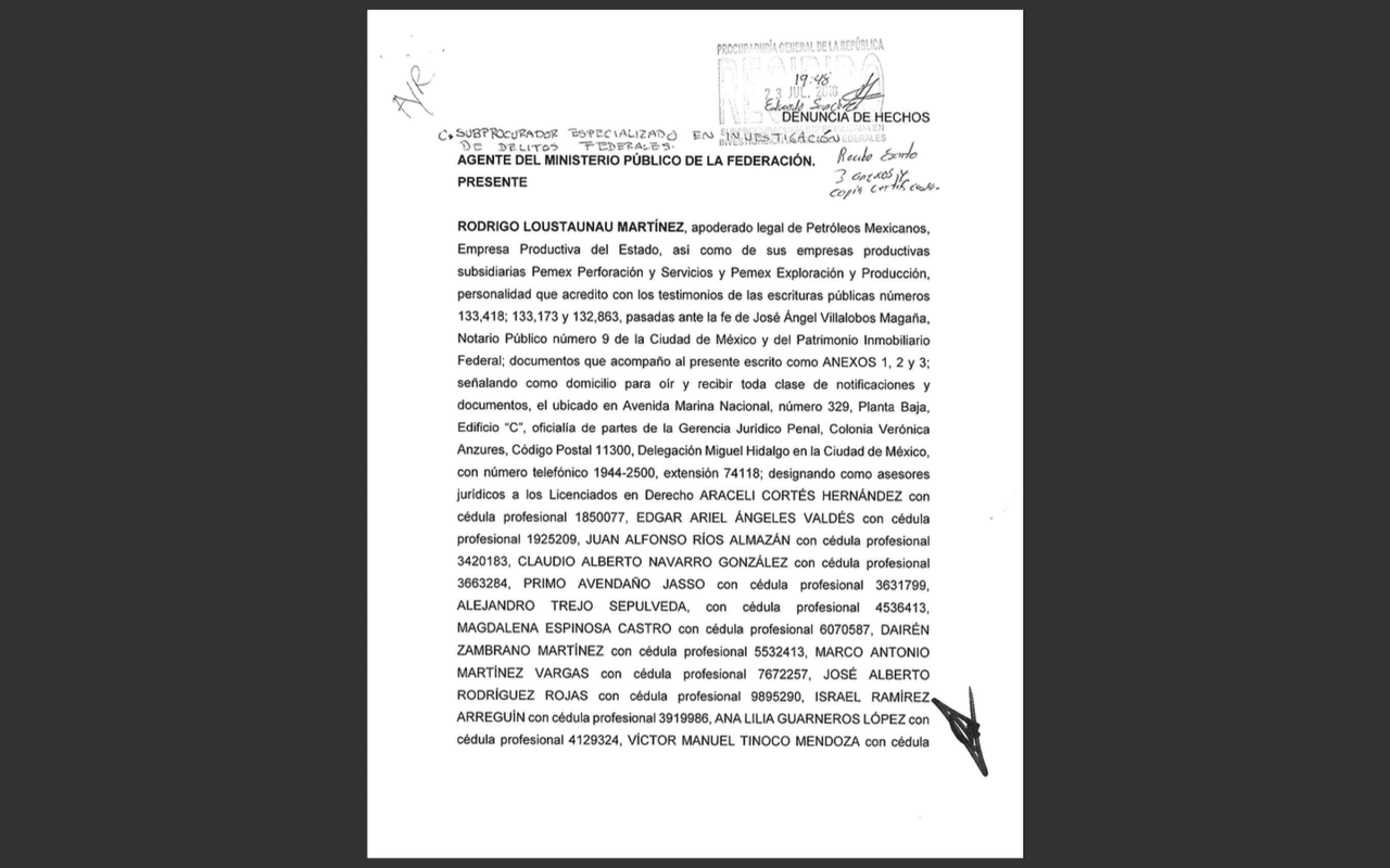 Portada de la denuncia de hechos presentada por Pemex en 2018 sobre el caso de las grabaciones de la contratista Oro Negro