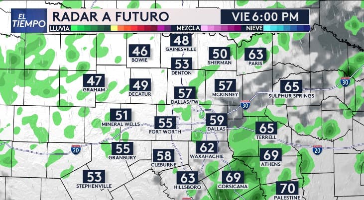 A las 6:00pm hay algunas lluvias muy dispersas en el norte de Texas. Las temperaturas bajarán por el paso de un frente f´rio.