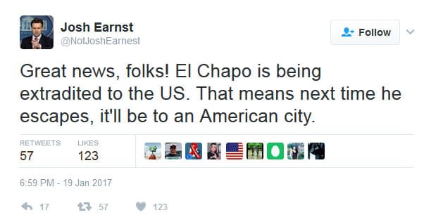 ¡Buenas noticias, gente! El Chapo está siendo extraditado a Estados Unidos. Eso significa que la próxima vez que se escape, será en una ciudad estadounidense.