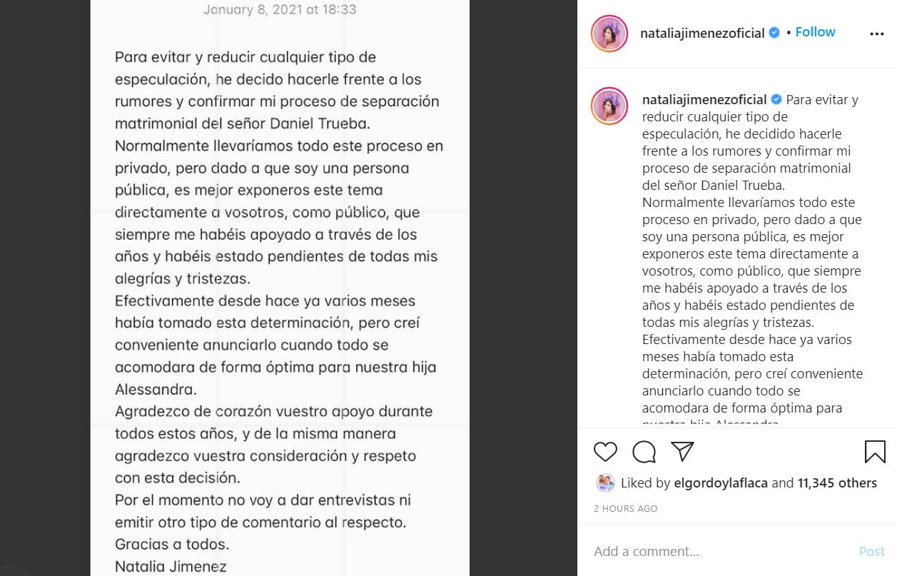 La cantante española dio la noticia a través de un comunicado publicado en sus redes sociales. "Para evitar y reducir cualquier tipo de especulación, he decidido hacerle frente a los rumores y 
<b>confirmar mi proceso de separación matrimonial </b>del señor Daniel Trueba", se lee al inicio.
<br>