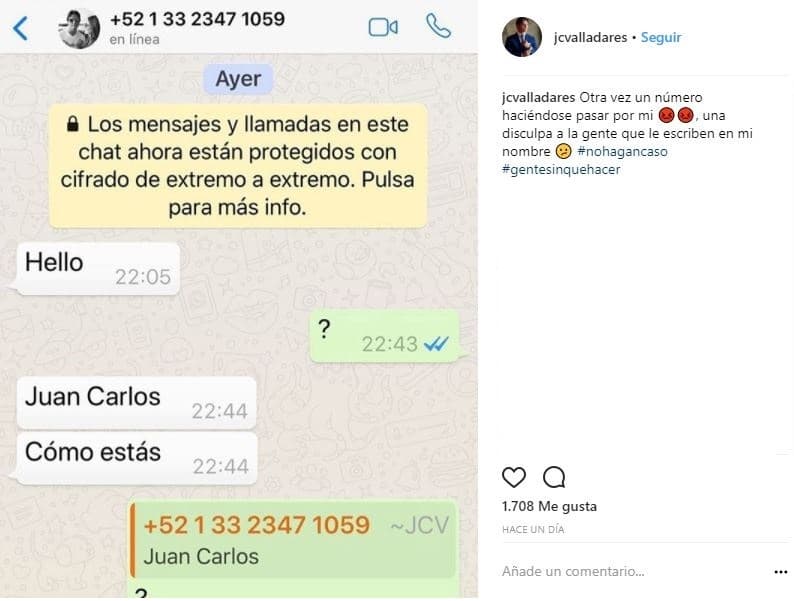 Por su parte Juan Carlos Valladares utilizó su cuenta de Instagram también para dar a conocer que alguien se hizo pasar por él para acosar a Geraldine Bazán.