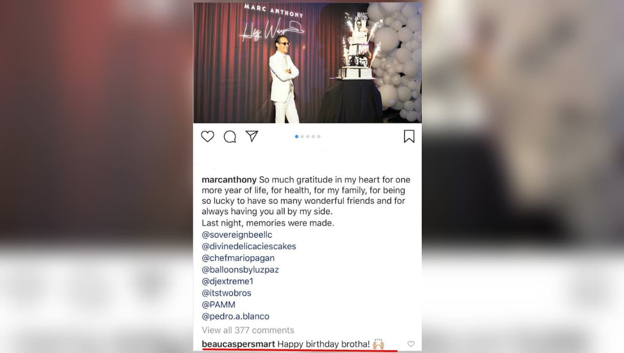 Captura del mensaje que dejó Casper Smart en la publicación de Marc Anthony.