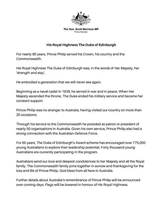 El Primer Ministro de Australia, Scott Morrison, publicó un comunicado por la muerte del príncipe Philip: "Emocionó a una generación como nunca volveremos a ver", escribió.