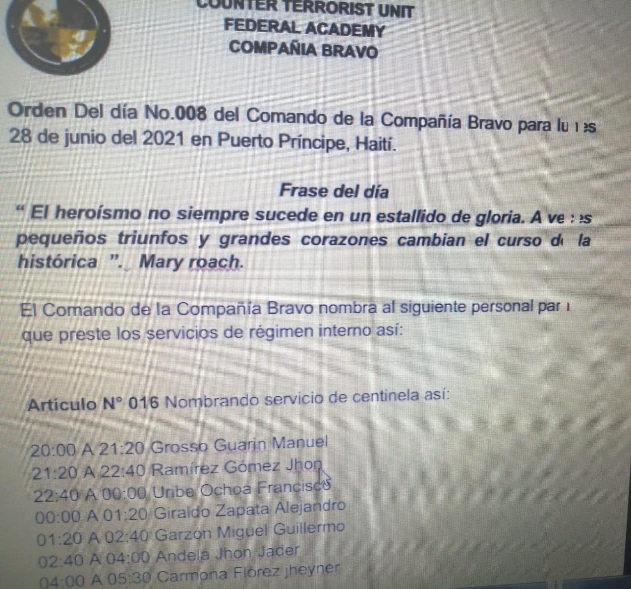 La 'orden del día' para el 28 de junio de 2021 emitida por el equipo de seguridad de la Academia Federal de la CTU en Haití.