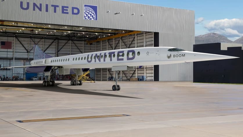 Una imagen del prototipo del avión supersónico 'Overture' de United que será fabricado por la empresa Boom Supersonic.