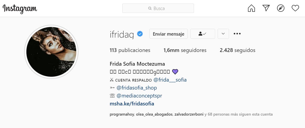 Finalmente, cumplió su deseo al menos en su cuenta de Instagram, pues desde este miércoles 5 de mayo la también modelo 
<b><a href="https://www.instagram.com/ifridag/" target="_blank">se presenta en Instagram como Frida Sofía Moctezuma.</a></b>
<a href="https://www.instagram.com/ifridag/" target="_blank"> </a>