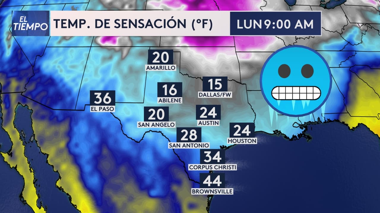 <b>Sensación térmica peligrosa</b>
<br>
<br>Aunque tu termómetro marque una temperatura, 
<b>la sensación térmica será menor, por lo que no debes confiarte. </b>En Austin se sentirán como 24F, mientras que en San Antonio 28F, áreas del nortre de Texas a penas y podrán sentir los 15F.