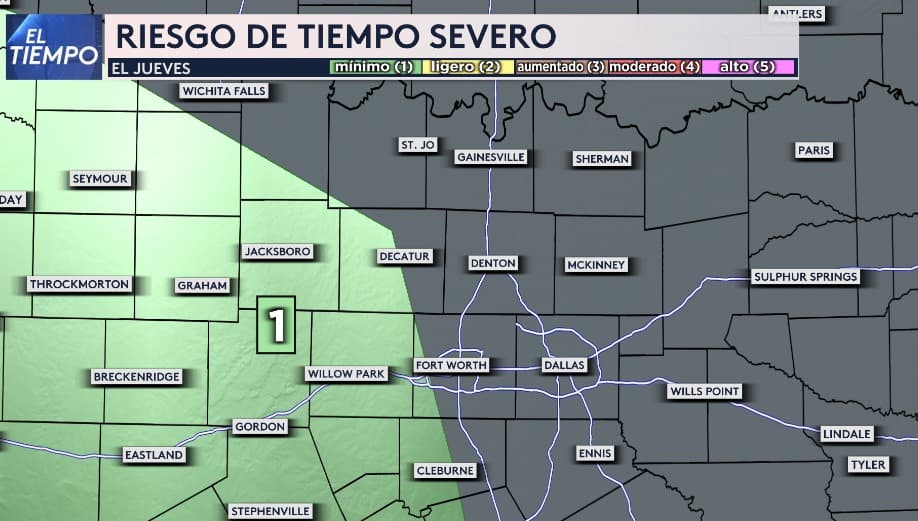 Este jueves, 
<b>el este de nuestra región estará en riesgo de tormentas y condiciones severas</b>, con un nivel 1 en una escala de 5.